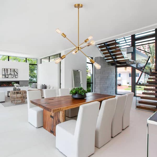 6-Light Gold Adjustable Linear Sputnik Chandelier Lighting for Kitchen Island