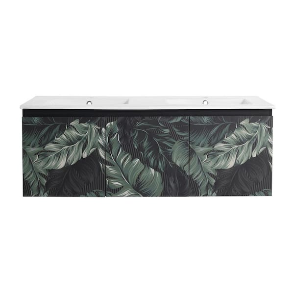 18 in. W x 17 in. H x 48 in. D Black Floating Wall-Mounted Bath Vanity in Feather Pattern with 2 Sinks White Ceramic Top
