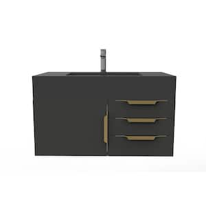 Nile 36 in. W x 19 in. D x 20 in. H Bath Vanity in Matte Black with Gold Trim and Black Solid Surface Top