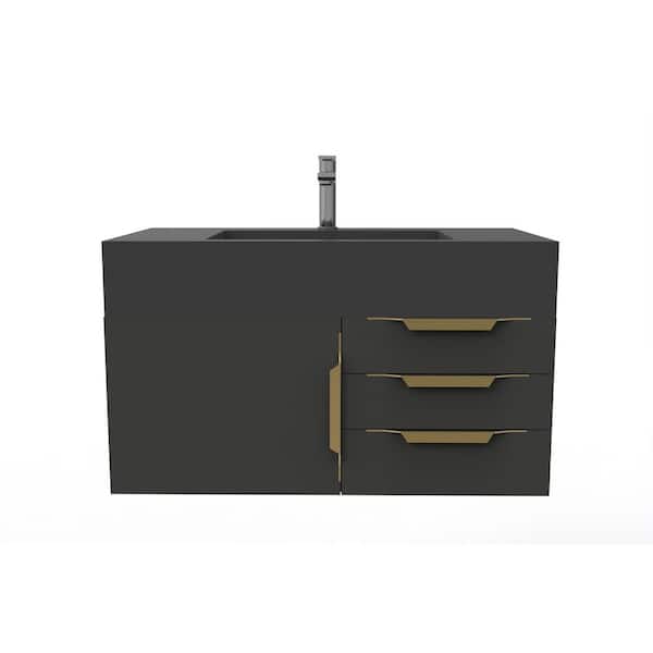 castellousa Nile 36 in. W x 19 in. D x 20 in. H Bath Vanity in Matte Black with Gold Trim and Black Solid Surface Top