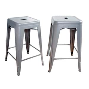 Loft Style 24 in. Stackable Metal Silver Bar Stool (Set of 2)
