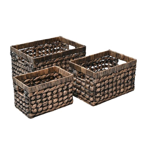 happimess Hayden 13.78 in. x 7.87 in. Metal/Hyacinth Rectangular Nesting Decorative Baskets with Handles, Brown (Set of 3)