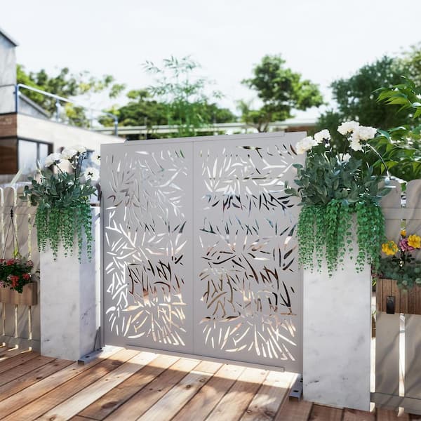Dovelina 72 in. Galvanized Steel Outdoor Garden Fence Privacy Screen Garden Screen Panels Bamboo Leaf Pattern in White