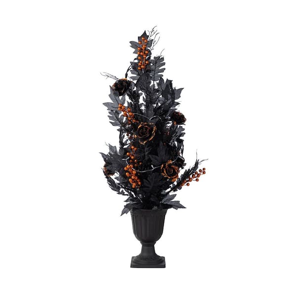 36 in. H Halloween Lighted Black Rose with Orange Glitter Urn Porch Tree, with Timer