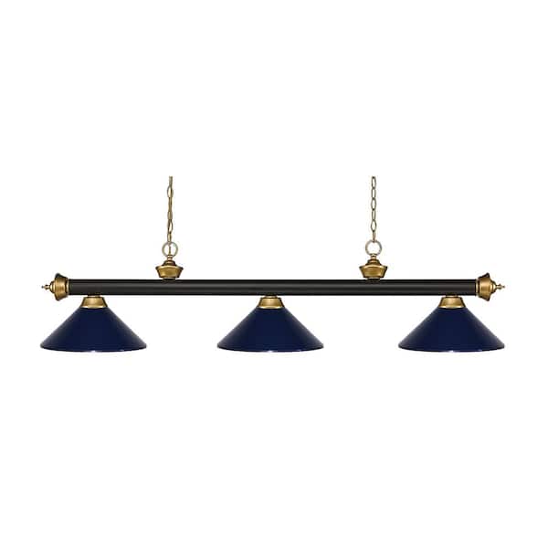 Unbranded Riviera 3-Light Bronze + Satin Gold + Metal Navy Blue Shade Billiard Light With No Bulbs Included