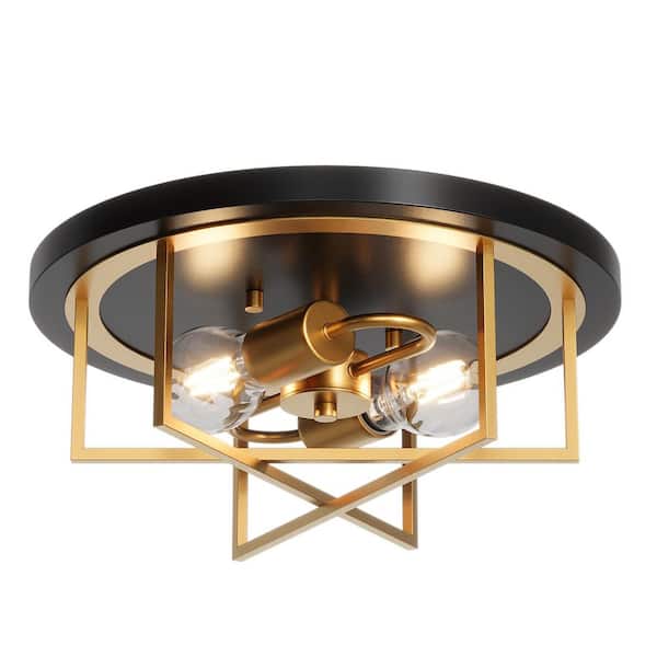 13 in. Modern 2-Light Black and Gold Flush Mount Ceiling Light for Entryway, Bedroom, Kitchen, No Bulbs Included