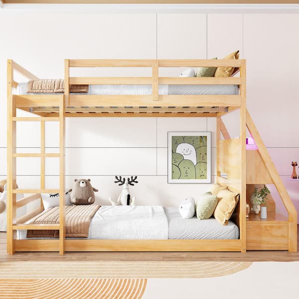 Natural Full over Full Bunk Bed with APP-Controlled LED Lights,USB Ports, Storage Shelves and 2 Drawers