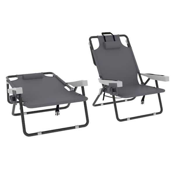 VEIKOUS 2-Pack Backpack Beach Chairs Adjustable Folding Lounge Chairs with Pillow and Storage Bag, Dark Gray