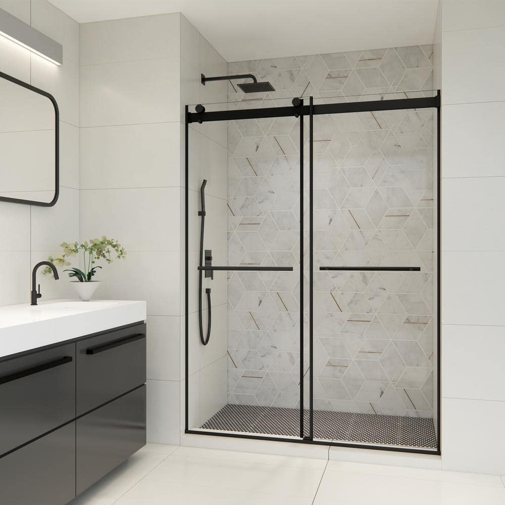 Belizzi 56" Matte Black Frameless Shower Door with Clear Glass