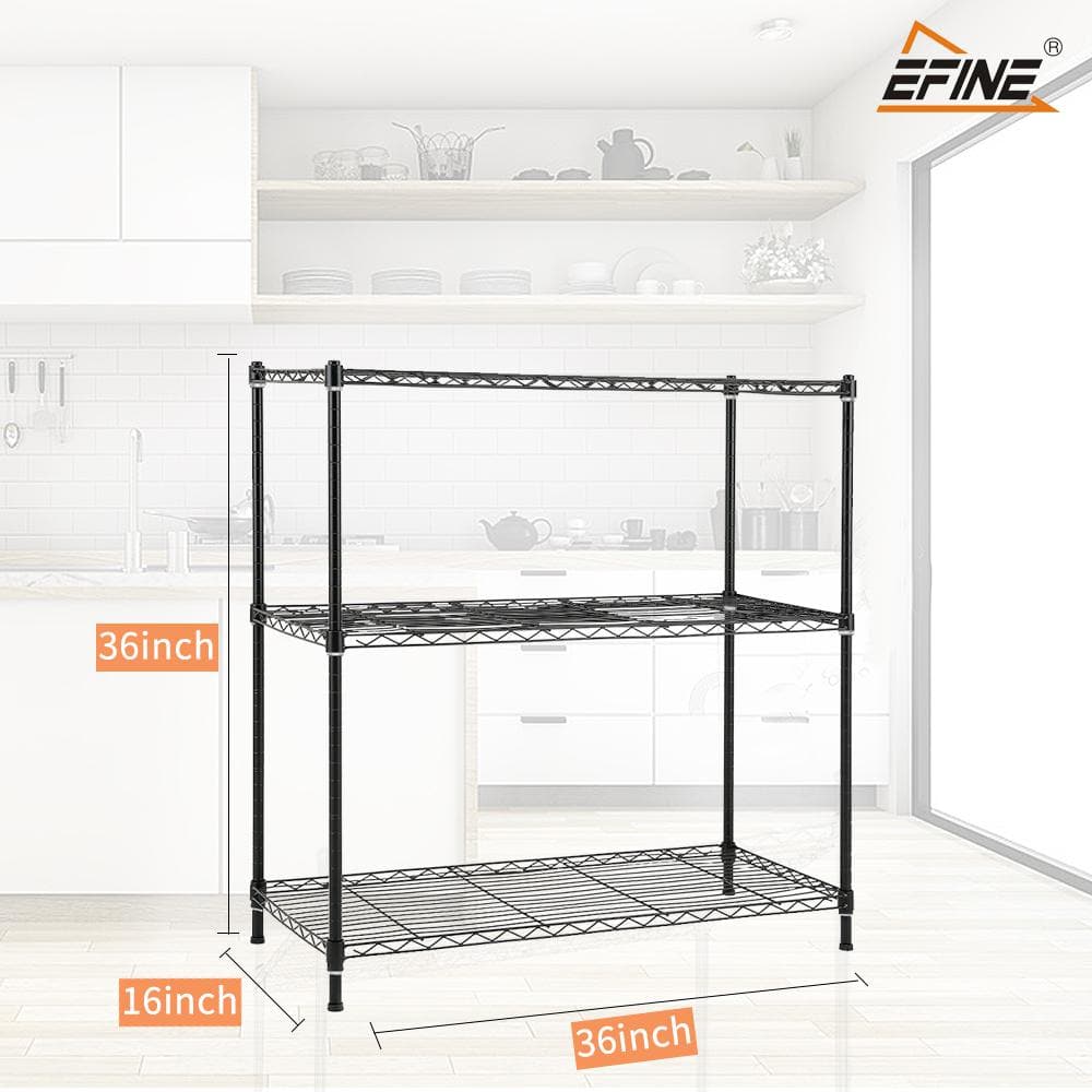 Black 3-Tier Carbon Steel Wire Shelving Unit with Liners