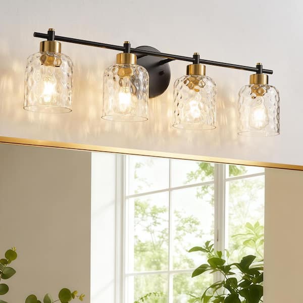 31 in. 4-Light Modern Black and Gold Bathroom Vanity Light with Clear Rippled Glass Shades for Hallway Wall Lighting