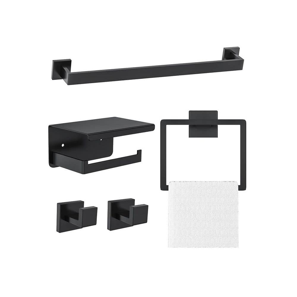 5-Piece Bathroom Hardware Sets with 16 in. Towel Bar Ring Toilet Paper Holder Hooks in Matte Black price history on PriceWatchPro