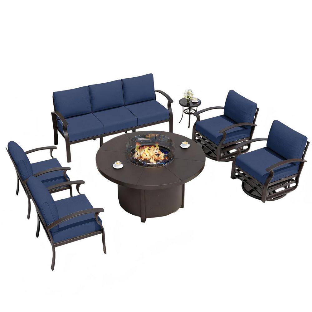 7-Piece Outdoor Aluminum Patio Conversation Set, with 2 Swivel Rocking Chairs and Round fire pit table, Navy Cushions price history on PriceWatchPro