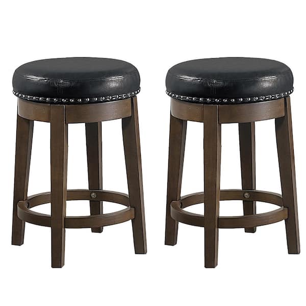 SIMPLE RELAX 24 in. Black, Backless, Wood, Swivel Counter Stool with Faux Leather, Nail Head Trim Seat, Set of 2