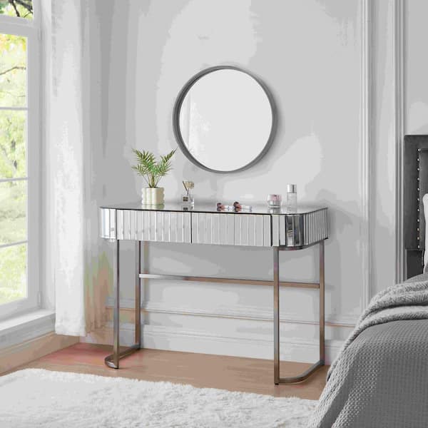 Polibi 2-Drawers Silver Makeup Vanity Table Wooden Dressing Desk with Mirror, Stainless Steel Base