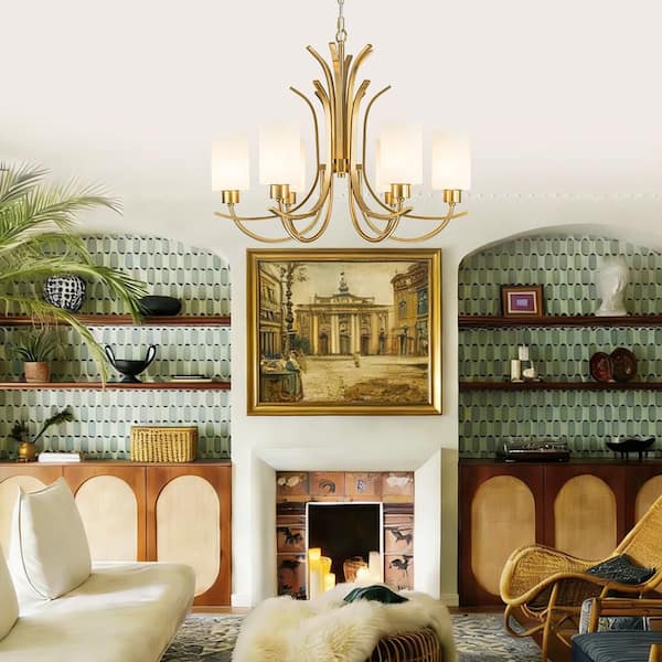 Clover 6-Light Brass Classic Transitional Modern Chandelier with Straight Opal Glass shade for Dining Room