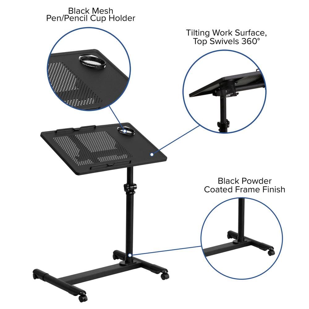 Black Adjustable Height Steel Mobile Laptop Cart with Cup Holder