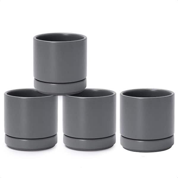 Small Gray Ceramic Indoor/Outdoor Planter with Saucer (4.7 in. W x 4.9 in. H) 4-Pack