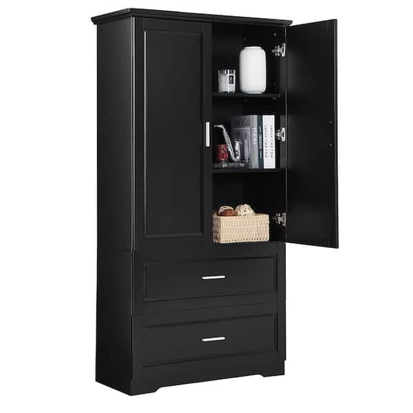 Black 32 in. Pantry Cabinet Storage Cabinet with Two Doors and Drawers, Adjustable Shelf, MDF Board Wood