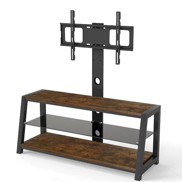 Rustic Browm Acacia Wood TV Stand Fits TVs up to 32 to 65 in. with Mount and Tempered Glass Shelf