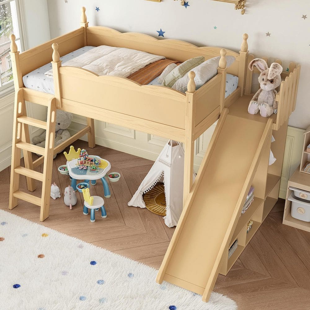 Natural Color Twin Solid Wood Loft Bed with Storage Shelves, Wardrobe, Detachable Slide and Ladders