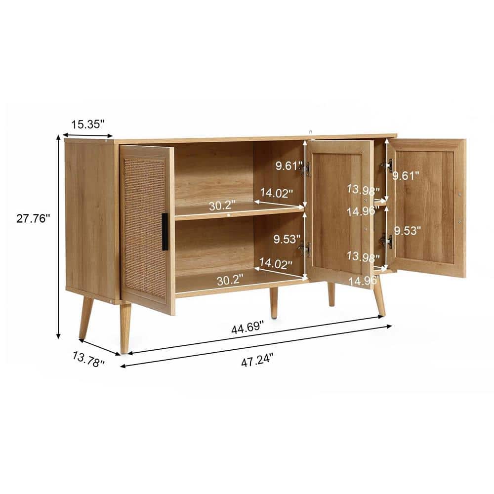 Light Oak 3-Door Rattan and Wood Sideboard Cabinet