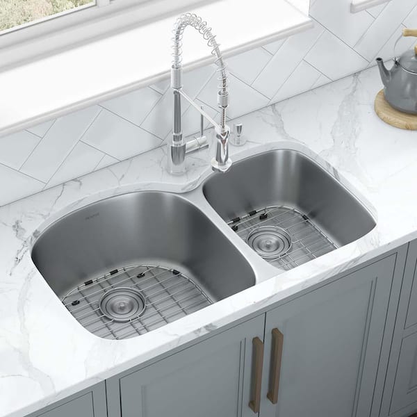 Ruvati 34 in. Double Bowl 60/40 Undermount 16-Gauge Stainless Steel Kitchen Sink - Left Configuration