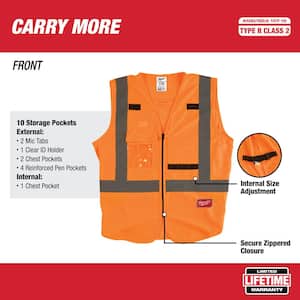 Small/Medium Orange Class 2 High Visibility Safety Vest with 10 Pockets (12-Pack)