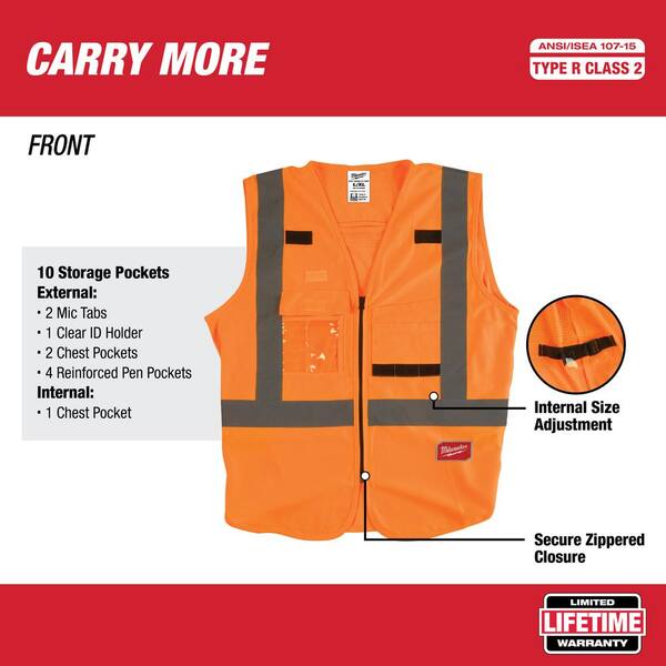 10 Pocket/ID Holder Milwaukee ANSI/CSA Class 2 Orange Hi-Viz X-Back Safety Vest 