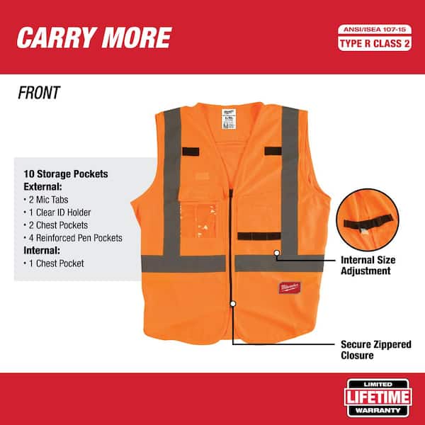 Large/X-Large Orange Class 2 High Visibility Safety Vest with 10 Pockets (4-Pack)