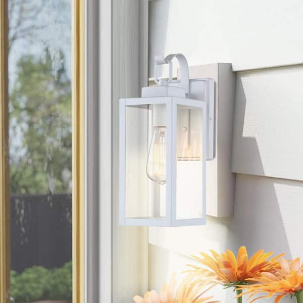 13.75 in. 1-Light Small White Lantern Outdoor Wall Light Fixture with Clear Glass