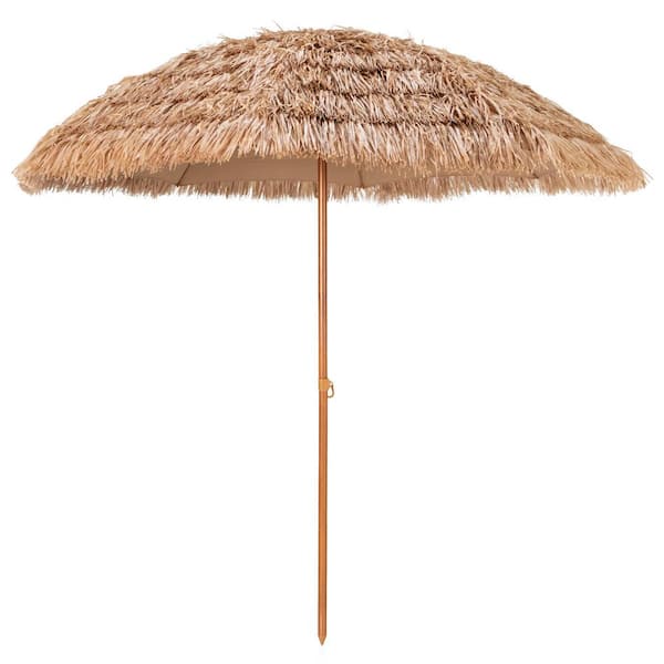 WELLFOR 8 Ft. Steel Thatched Tiki Beach Umbrella in Khaki