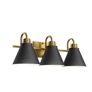 Rosburg 23 in. 3-Light Natural Brass with Matte Black Bathroom Vanity Light Display