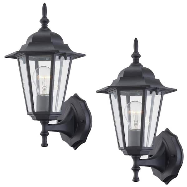 Pia Ricco 1-Light Textured Black Not Solar Outdoor Wall Lantern Sconce with Clear Glass (2-Pack)