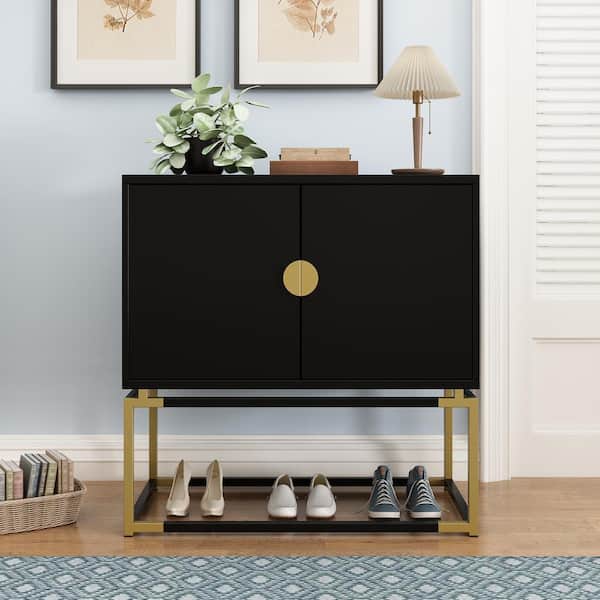 FUFU&GAGA 2-Doors Black Wood Nightstand With Metal Frame, Side Table Bedside Table 31.5"W x 15.7"D x 31.5"H