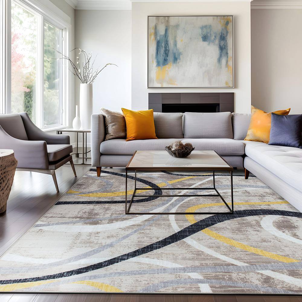 Contemporary Distressed Yellow and Gray Abstract Non-Slip Area Rug 5' x 7'