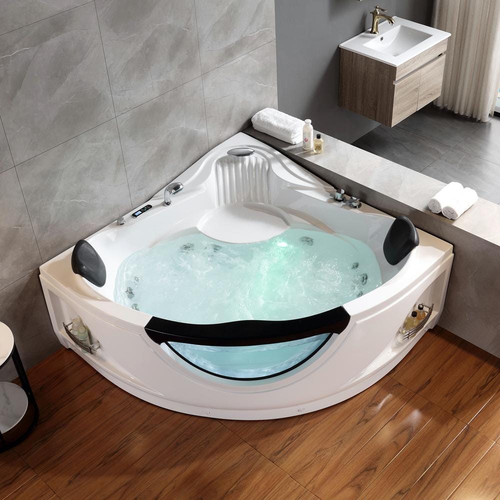 Modern White Acrylic Corner Whirlpool Bathtub with Faucet