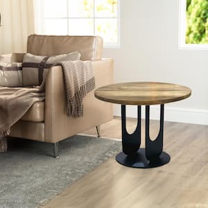 22 in. Brown and Black Round Mango Wood Side End Table with U Shaped Legs
