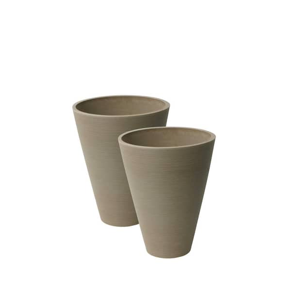 Unbranded Valencia 11.4 in. Dia x 14 in. Taupe Plastic Ribbed Round Taper Planters (2-Pack)