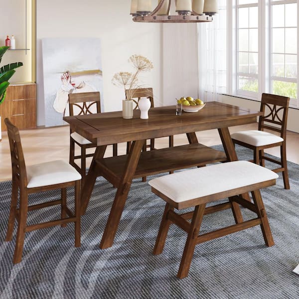 Walnut 6-Piece Wood Dining Table Set with Bench, Storage Shelf and 4 Chairs