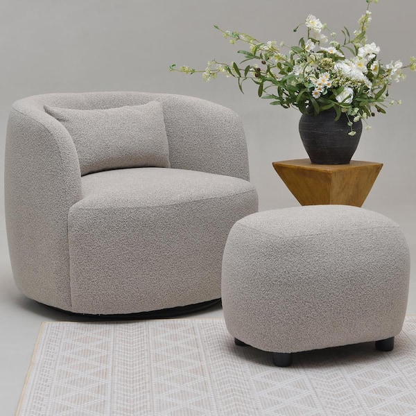 Taupe Boucle Upholstered Footrest Round Ottoman