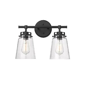 Amberose 15.9 in. 2-Light Matte Black Vanity Light with Clear Hammered Glass