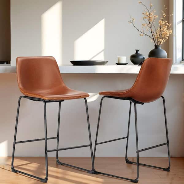 WONDER COMFORT Brown Faux Leather 30 in. Counter Height Bar Stools Set of 2 with Back and Metal Leg for Kitchen Island