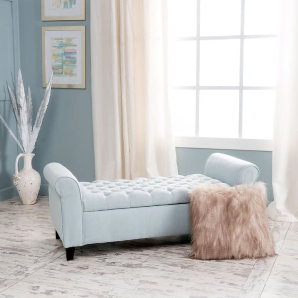 CHRISTOPHER KNIGHT HOME Button-Tufted Light Sky 50 in. Polyester Upholstered Storage Bedroom Bench with Wood Legs