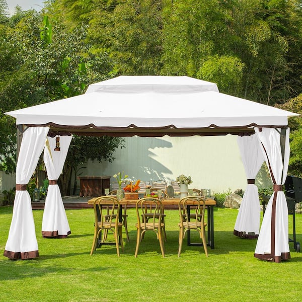 Jearey 13 Ft X 10 Ft Khaki Soft Top Aluminum Outdoor Patio Gazebo With Netting And Curtains 7027