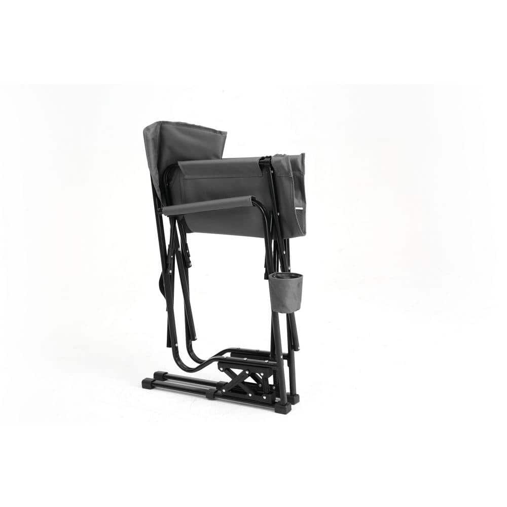 Gray portable folding outdoor rocking chair in its folded position.