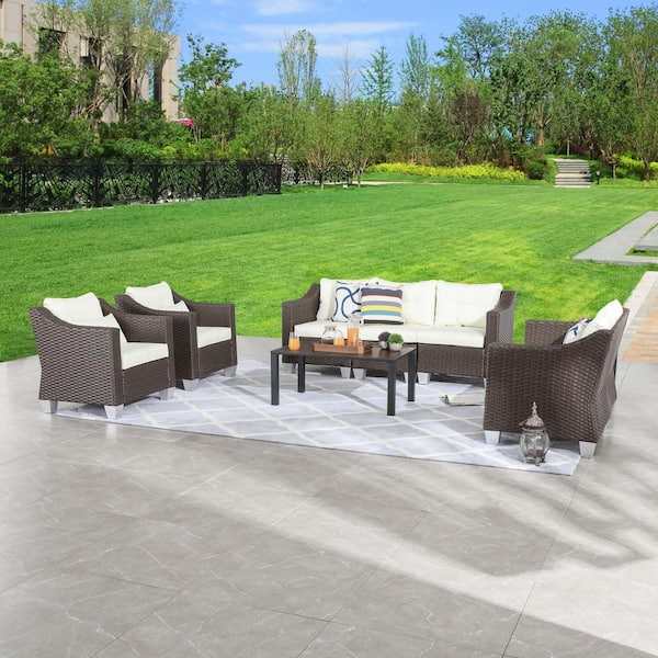 Patio Festival 9-Piece Wicker Patio Conversation Set with Beige Cushions