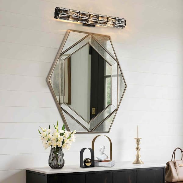 35.4 in. W x 30.7 in. H Brown Vintage Geometric Hexagon Mirror with Farmhouse Wood Frame and Floral Etching