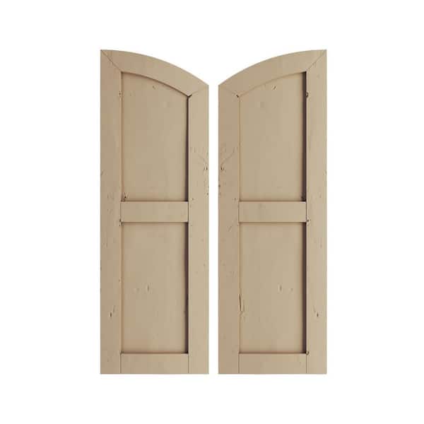 Ekena Millwork Faux Wood 12 in. x 86 in. Timberthane 2 Equal Flat Panel Elliptical Top Polyurethane Shutters Primed Tan in Knotty Pine