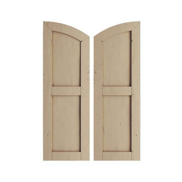Ekena Millwork Faux Wood 15 in. x 72 in. Timberthane 2 Equal Flat Panel Elliptical Top Polyurethane Shutters Primed Tan in Knotty Pine
